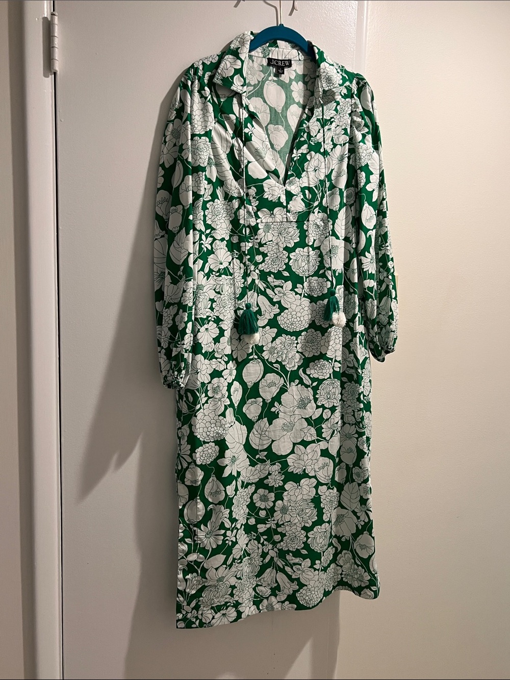 J. Crew Green and White Floral Tie-Neck Midi Dress